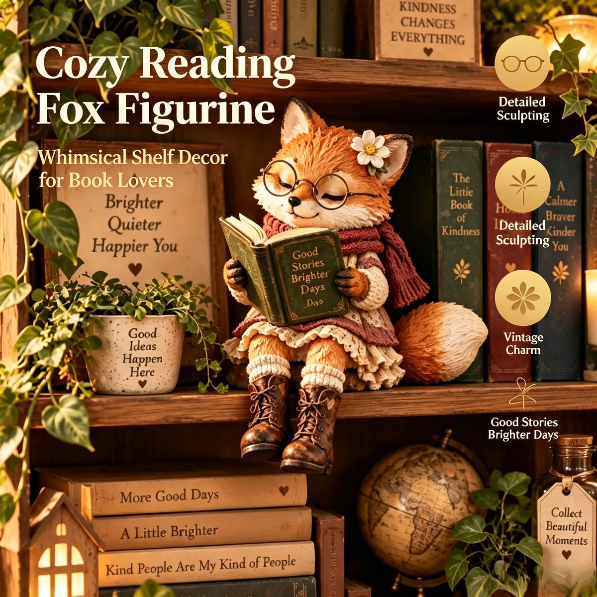 Reading Fox Figurine with Glasses & Flower, Hand Painted Resin Fox Statue