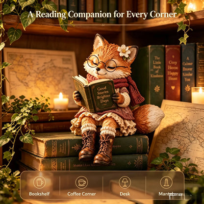 Reading Fox Figurine with Glasses & Flower, Hand Painted Resin Fox Statue
