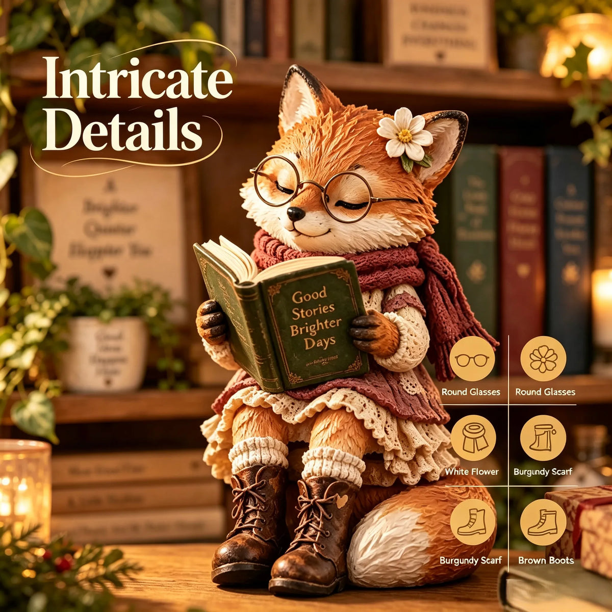 Reading Fox Figurine with Glasses & Flower, Hand Painted Resin Fox Statue