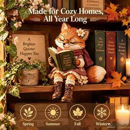 Reading Fox Figurine with Glasses & Flower, Hand Painted Resin Fox Statue