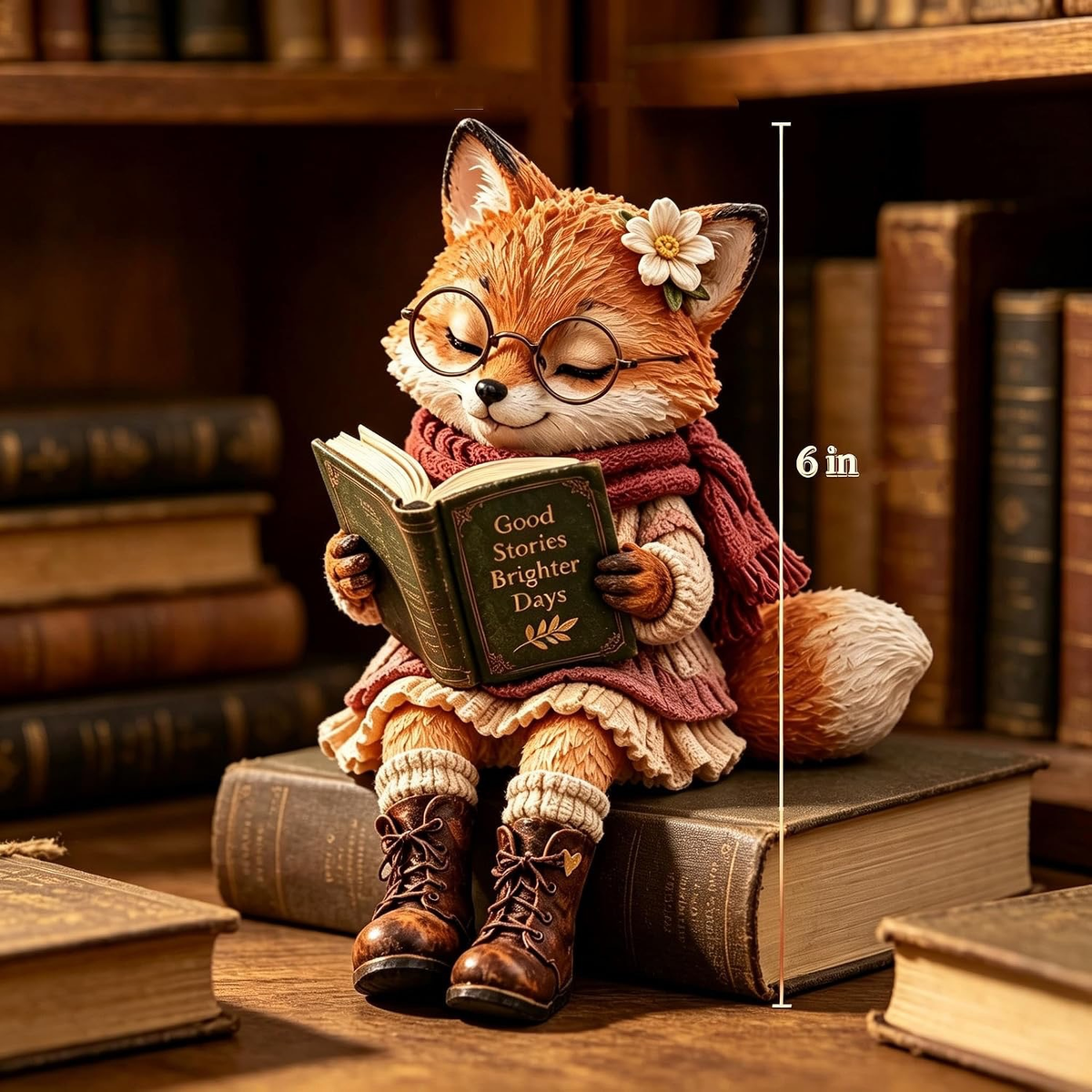 Reading Fox Figurine with Glasses & Flower, Hand Painted Resin Fox Statue