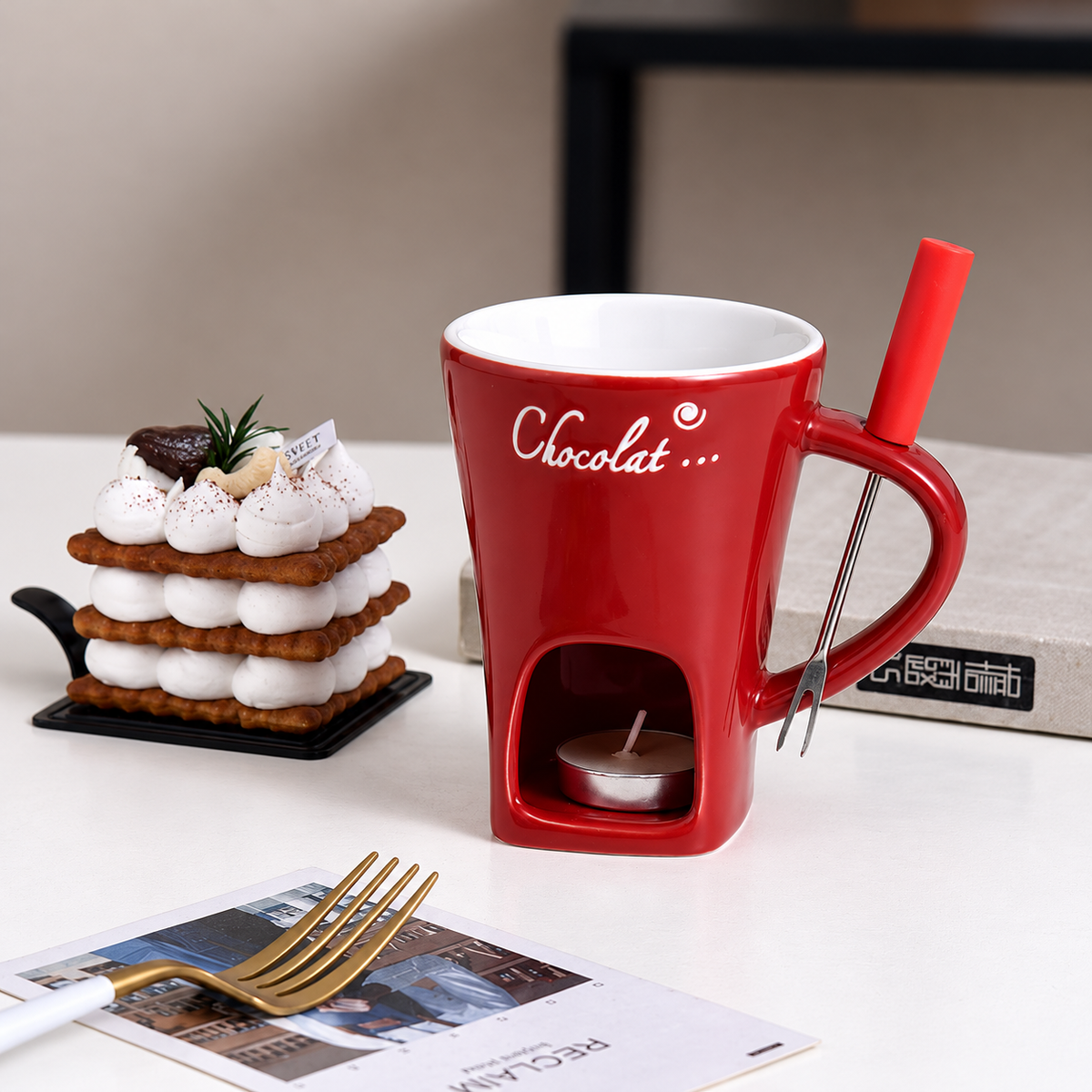 Ceramic Chocolate Fondue Mug With Tealight Warmer