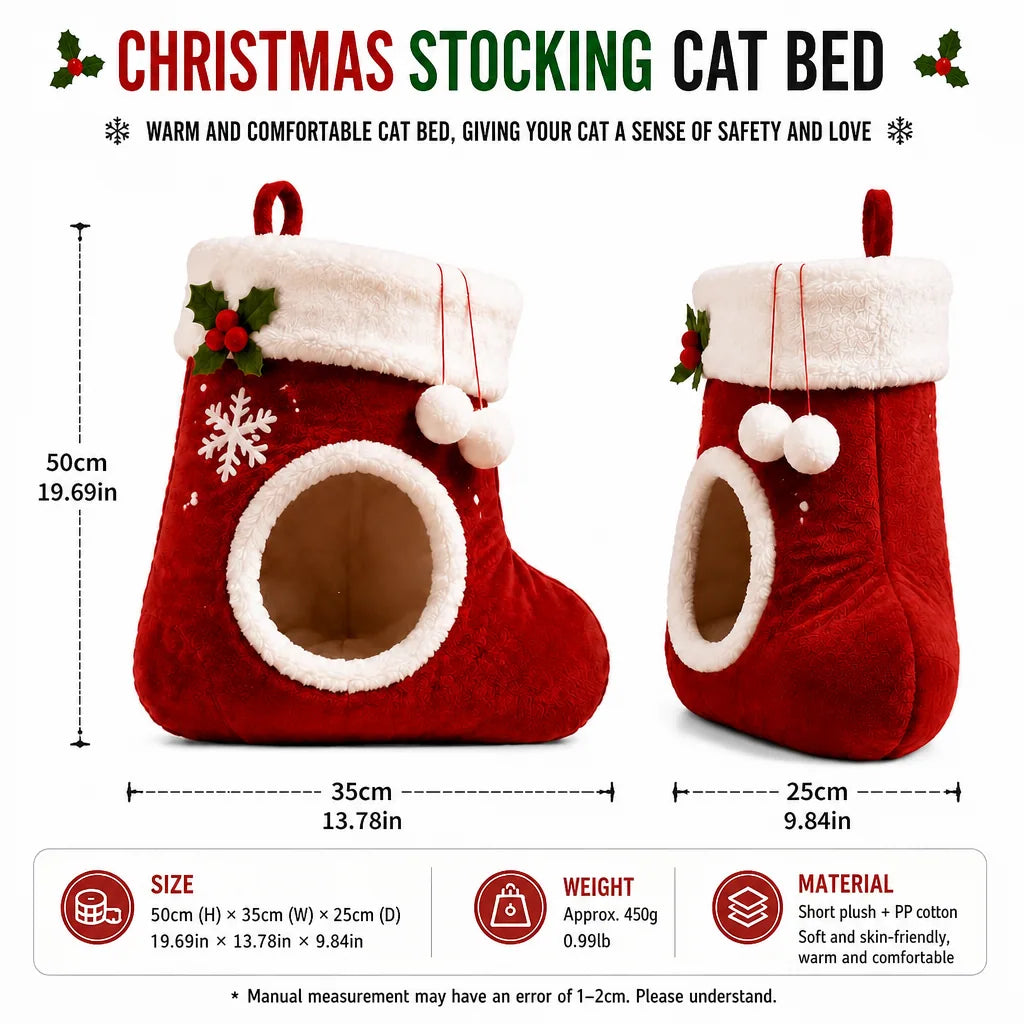 🎄 Christmas Stocking Cat Bed – Ultra-Soft Sherpa Cozy Hideaway for Cats 🐱