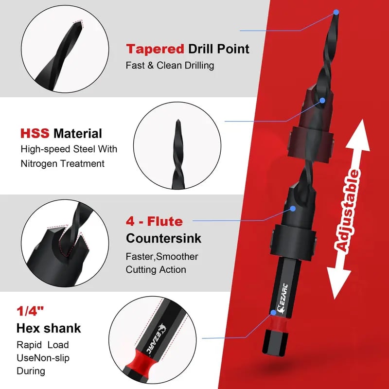 🛠️ Wood Countersink Drill Bit Set with 1/4" Hex Shank – Precision Woodworking Tool Kit