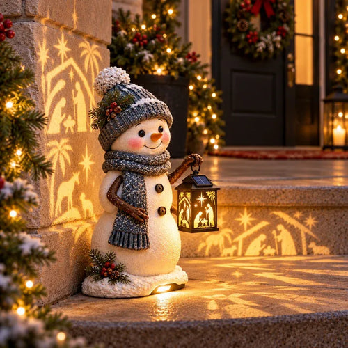 ⛄ Snowman Nativity Glow– Solar Christmas Step Light with Holy Family Projection