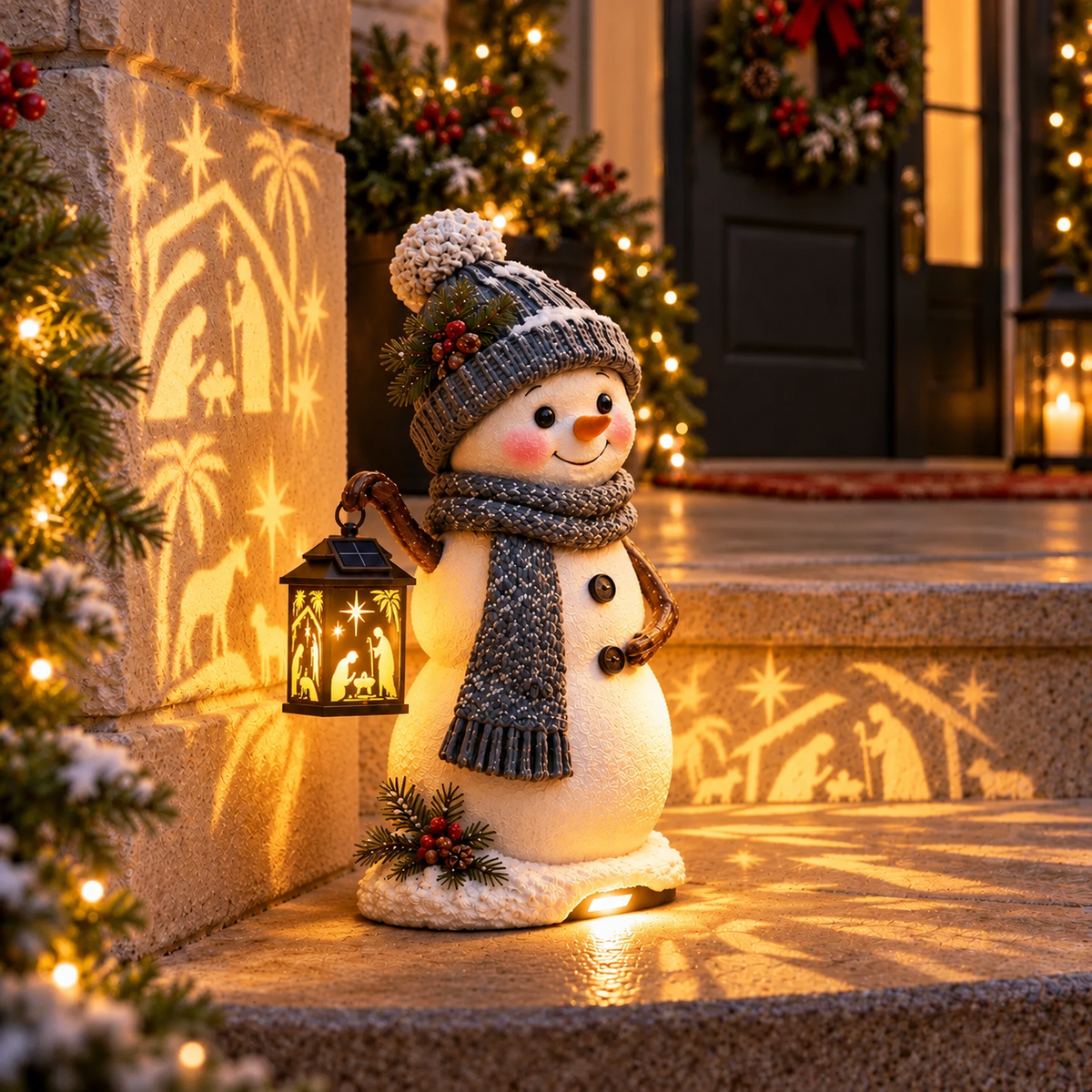 ⛄ Snowman Nativity Glow– Solar Christmas Step Light with Holy Family Projection
