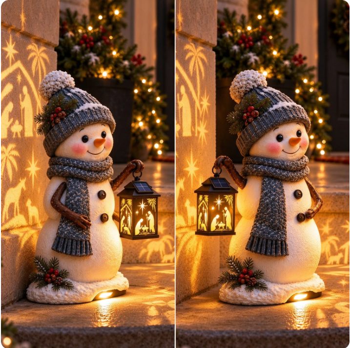⛄ Snowman Nativity Glow– Solar Christmas Step Light with Holy Family Projection