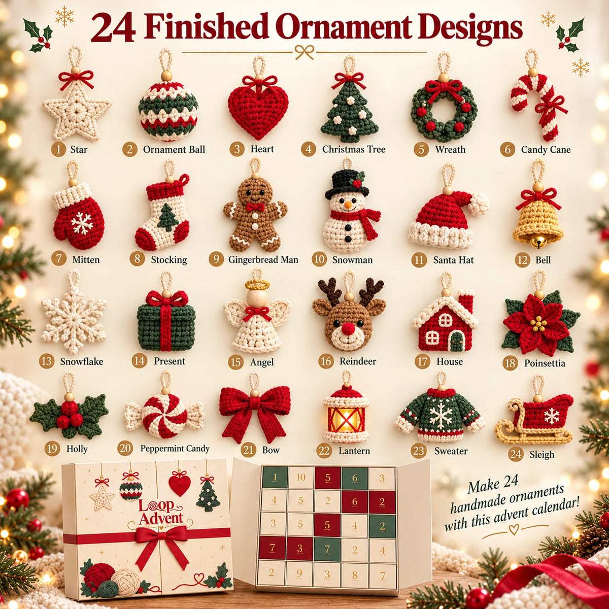 🎄 24-Day Crochet Christmas Advent Calendar – 24 Surprise DIY Ornament Kits to Make & Hang 🧶