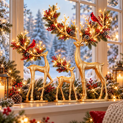 ✨ Cardinal Woodland Reindeer – Lighted Golden Christmas Deer Decorations