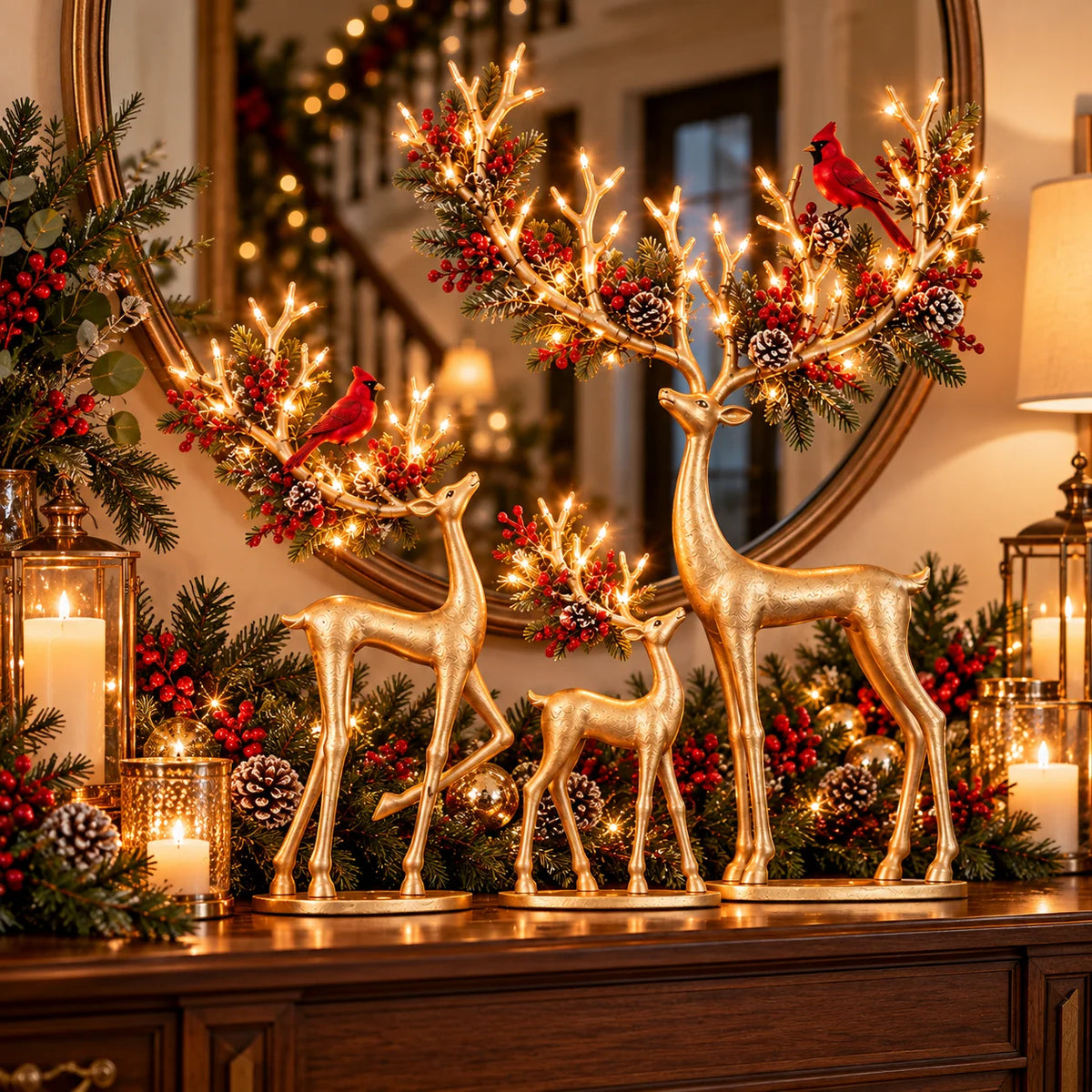 ✨ Cardinal Woodland Reindeer – Lighted Golden Christmas Deer Decorations