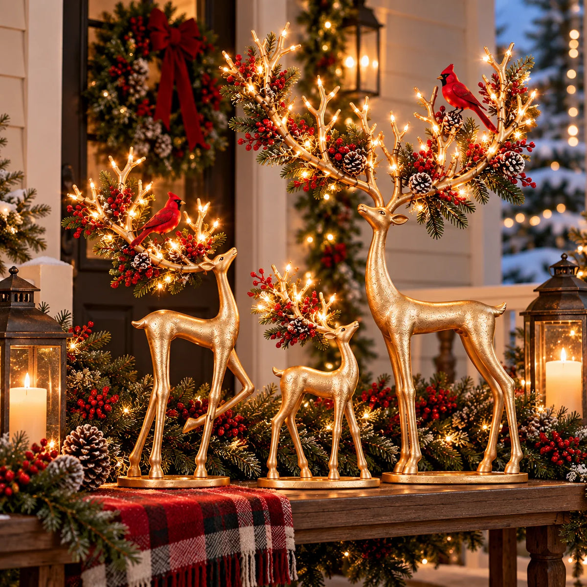 ✨ Cardinal Woodland Reindeer – Lighted Golden Christmas Deer Decorations