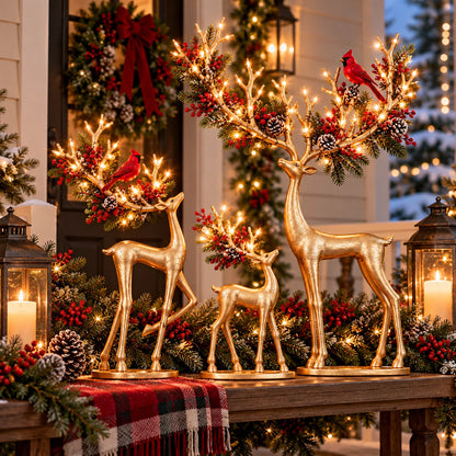 ✨ Cardinal Woodland Reindeer – Lighted Golden Christmas Deer Decorations