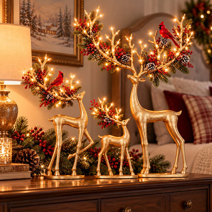 ✨ Cardinal Woodland Reindeer – Lighted Golden Christmas Deer Decorations