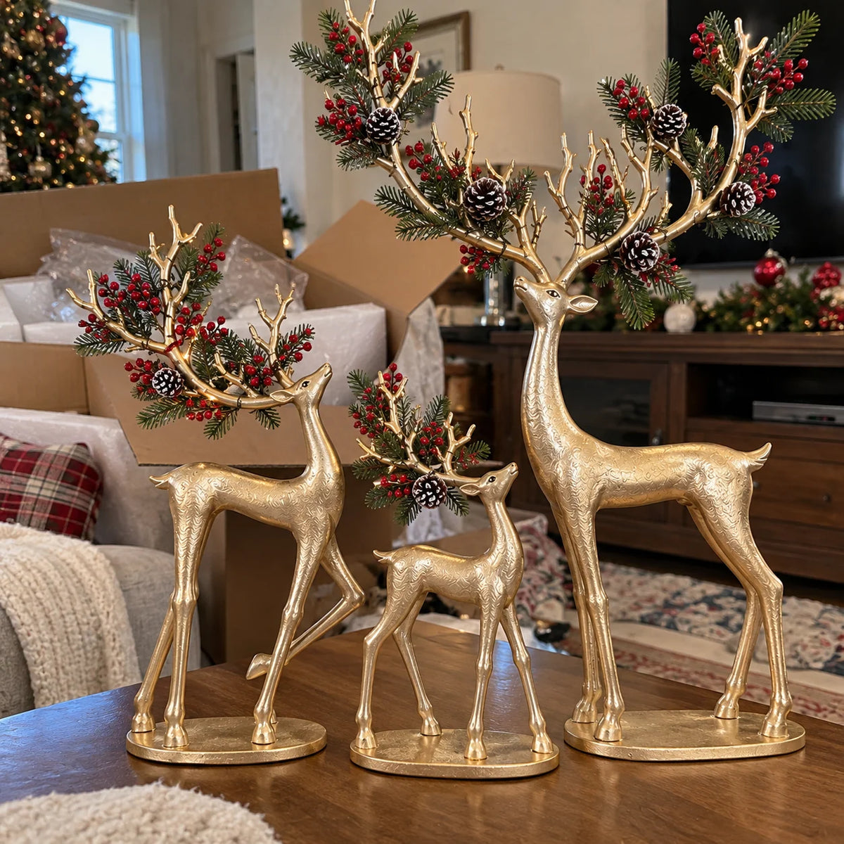 ✨ Cardinal Woodland Reindeer – Lighted Golden Christmas Deer Decorations