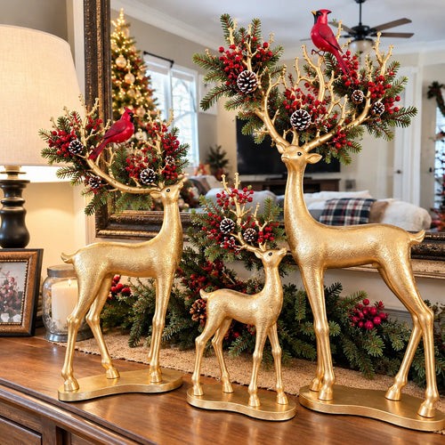 ✨ Cardinal Woodland Reindeer – Lighted Golden Christmas Deer Decorations