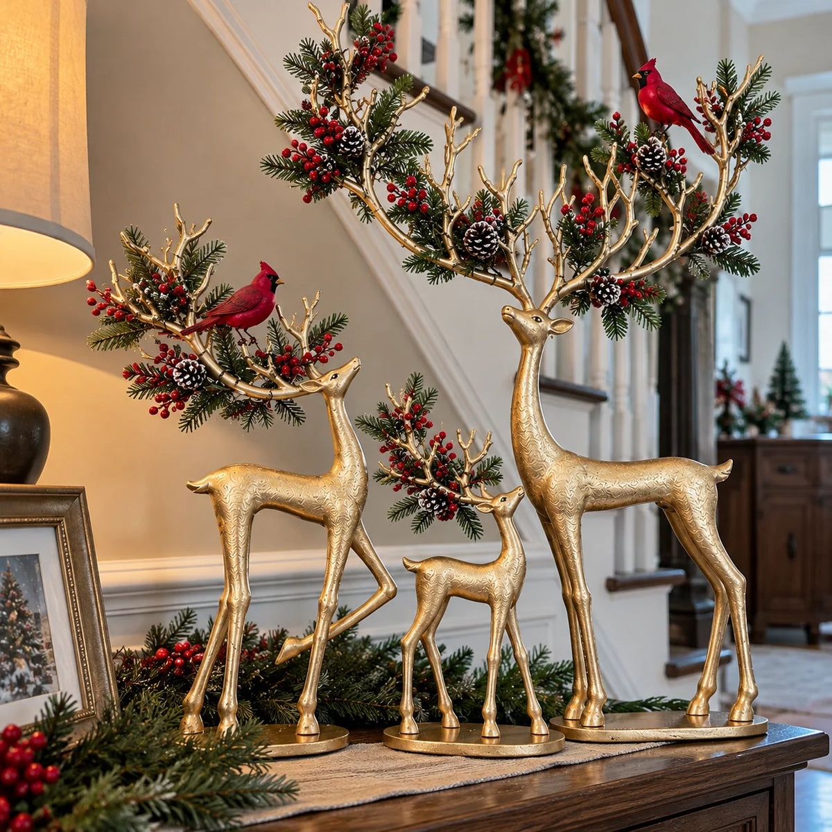 ✨ Cardinal Woodland Reindeer – Lighted Golden Christmas Deer Decorations