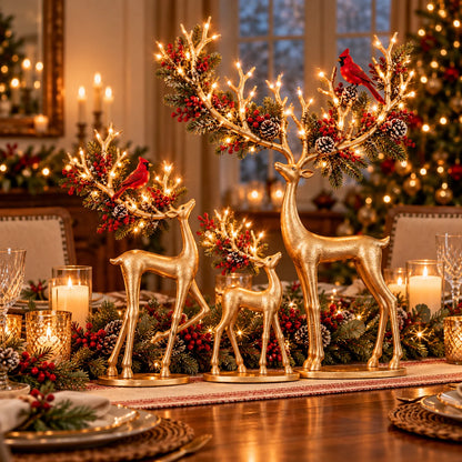 ✨ Cardinal Woodland Reindeer – Lighted Golden Christmas Deer Decorations