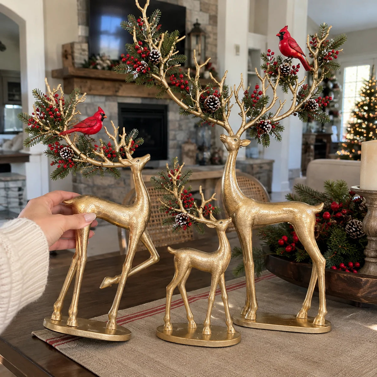 ✨ Cardinal Woodland Reindeer – Lighted Golden Christmas Deer Decorations