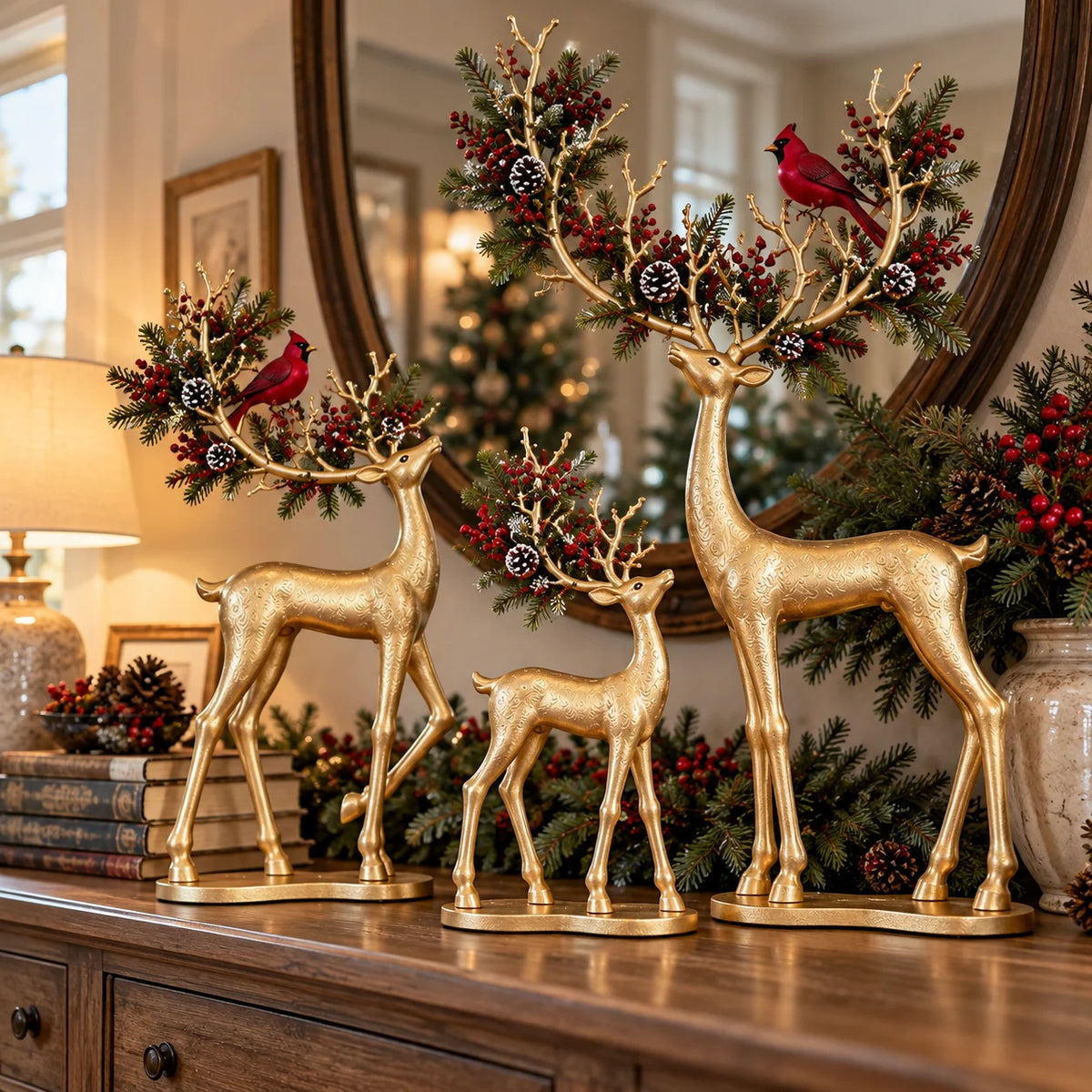 ✨ Cardinal Woodland Reindeer – Lighted Golden Christmas Deer Decorations