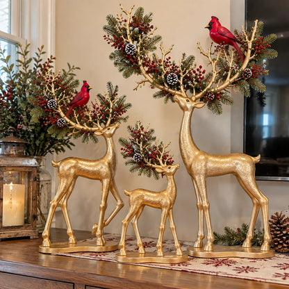 ✨ Cardinal Woodland Reindeer – Lighted Golden Christmas Deer Decorations