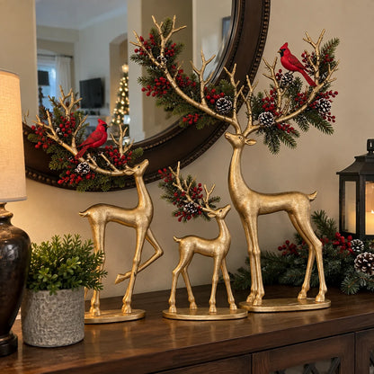 ✨ Cardinal Woodland Reindeer – Lighted Golden Christmas Deer Decorations