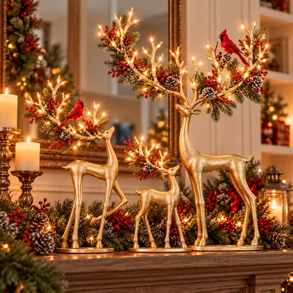 ✨ Cardinal Woodland Reindeer – Lighted Golden Christmas Deer Decorations