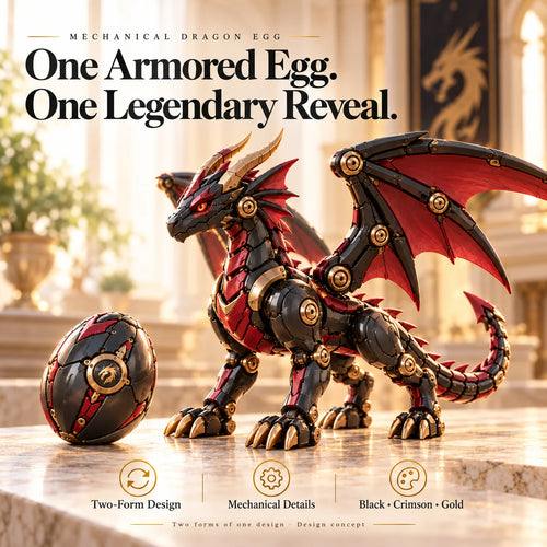 🐉 Mechanical Dragon Egg – Black & Crimson Dragon With Folding Wings & Armored Details🔥