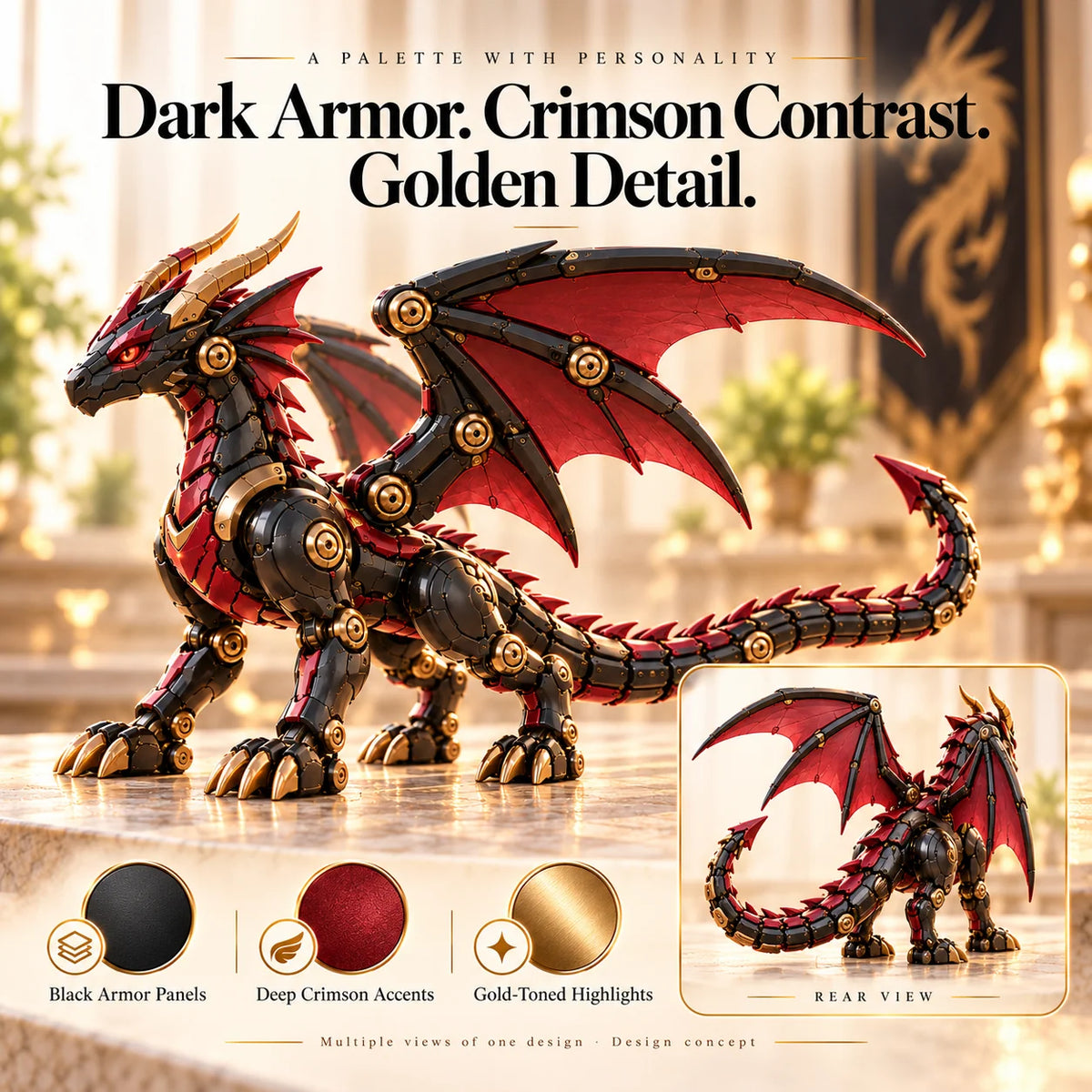 🐉 Mechanical Dragon Egg – Black & Crimson Dragon With Folding Wings & Armored Details🔥