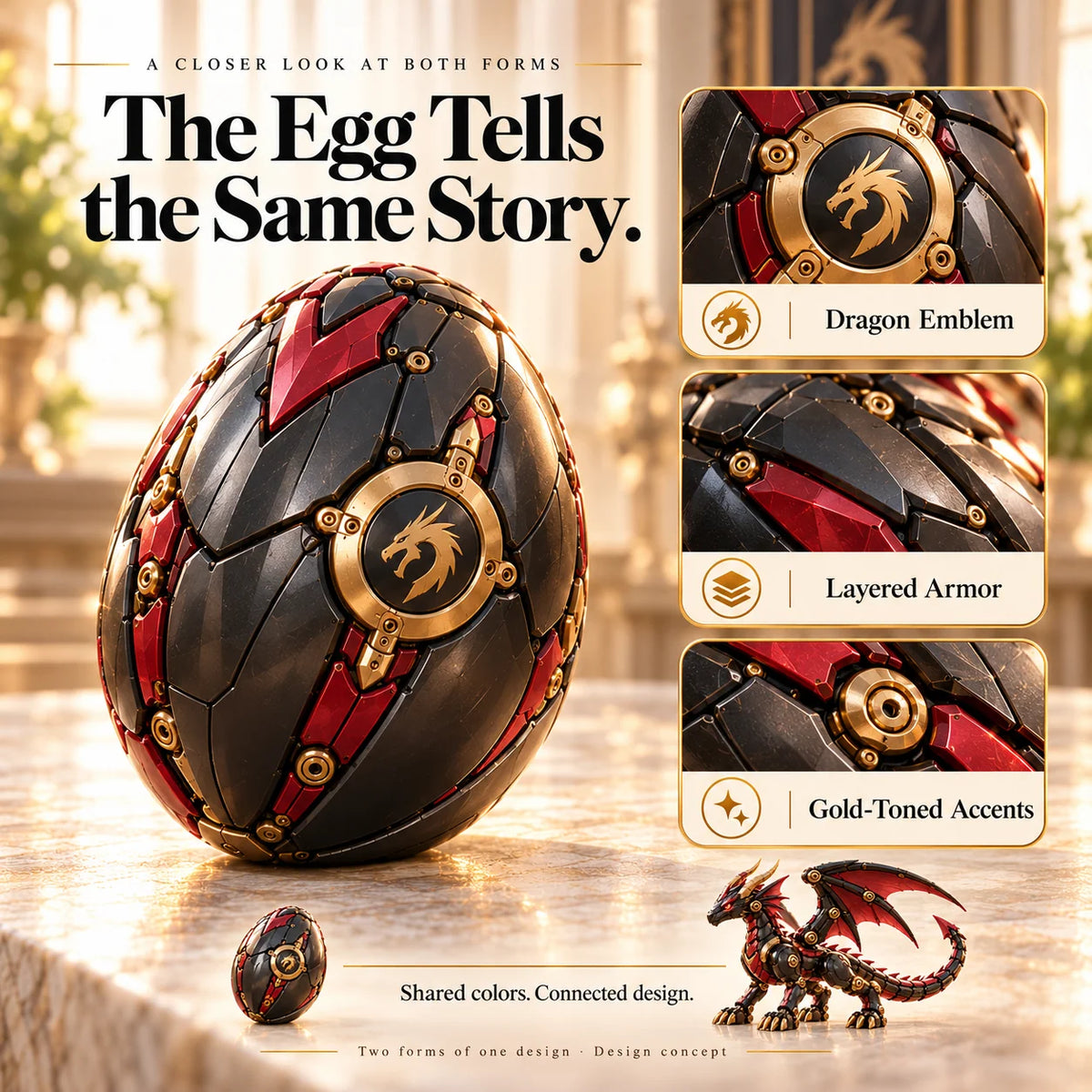 🐉 Mechanical Dragon Egg – Black & Crimson Dragon With Folding Wings & Armored Details🔥