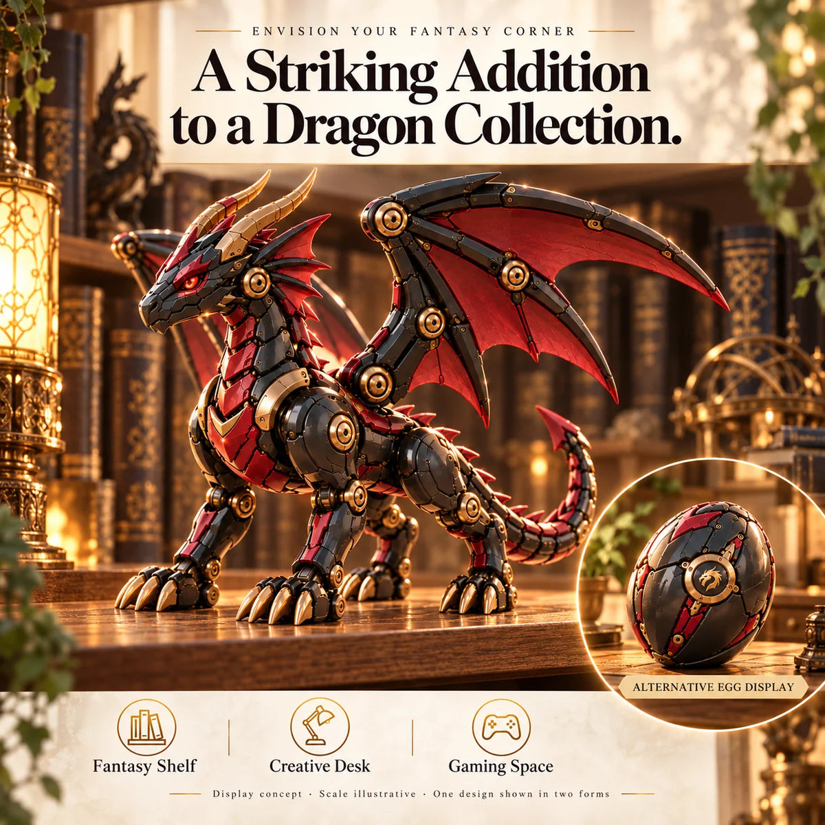 🐉 Mechanical Dragon Egg – Black & Crimson Dragon With Folding Wings & Armored Details🔥