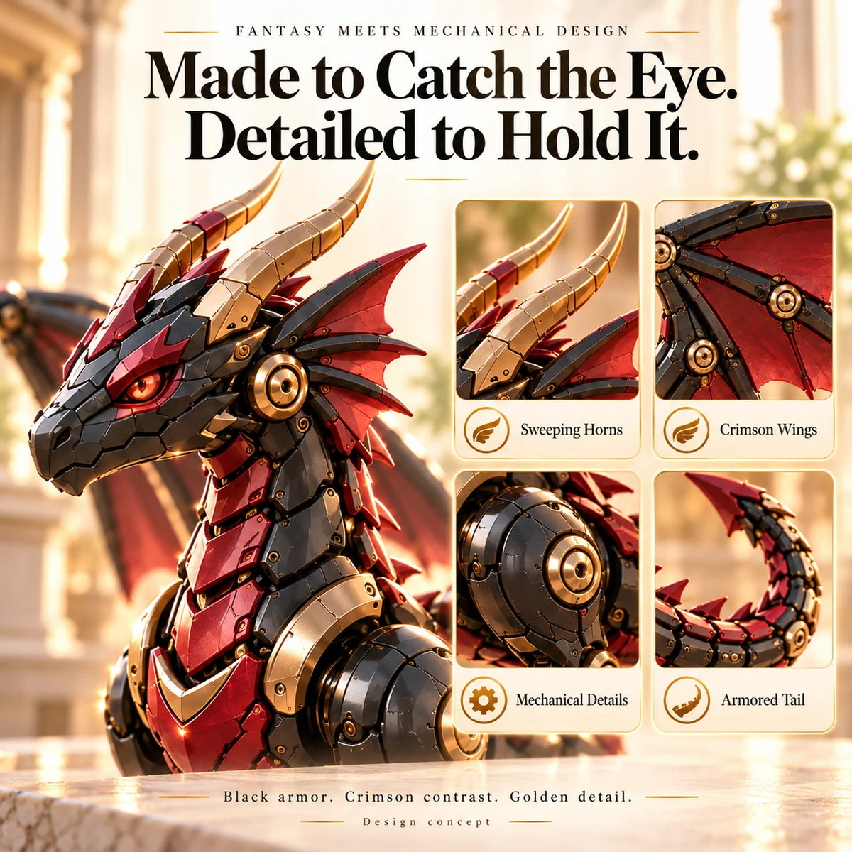 🐉 Mechanical Dragon Egg – Black & Crimson Dragon With Folding Wings & Armored Details🔥