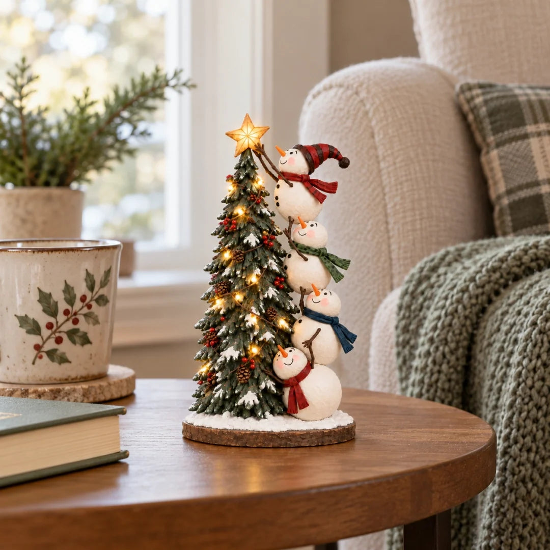 ☃️Snowmen Topping the Christmas Tree – Lighted Christmas Figurine
