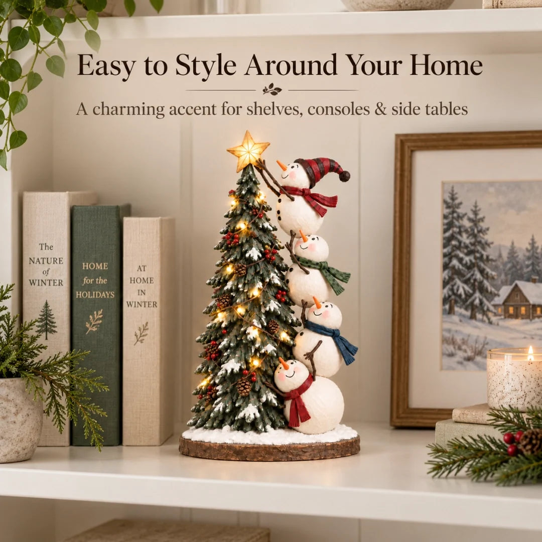 ☃️Snowmen Topping the Christmas Tree – Lighted Christmas Figurine