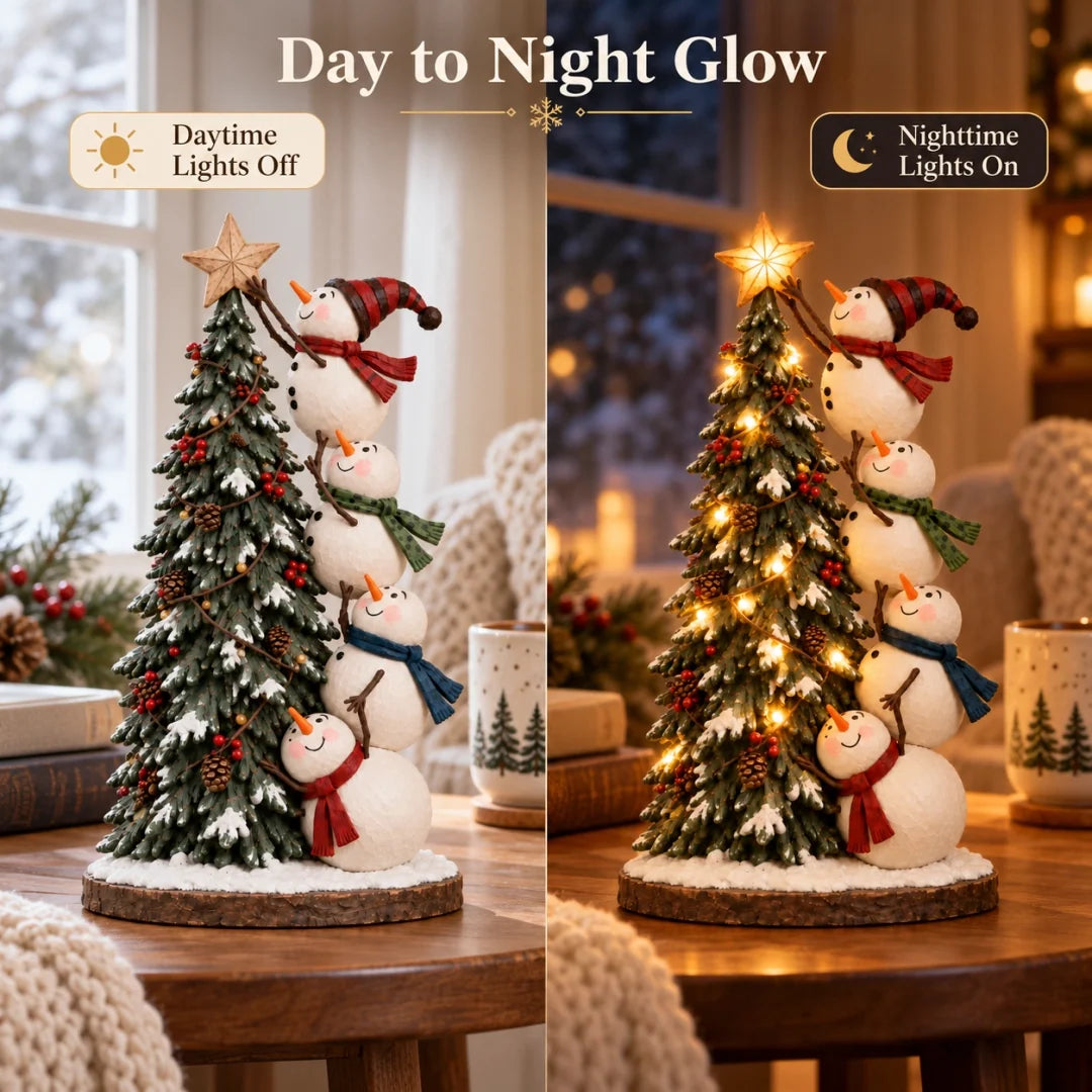 ☃️Snowmen Topping the Christmas Tree – Lighted Christmas Figurine
