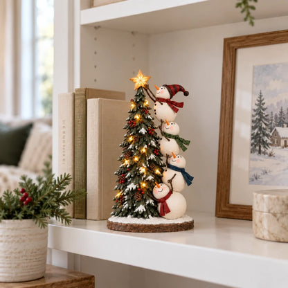 ☃️Snowmen Topping the Christmas Tree – Lighted Christmas Figurine