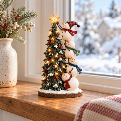 ☃️Snowmen Topping the Christmas Tree – Lighted Christmas Figurine