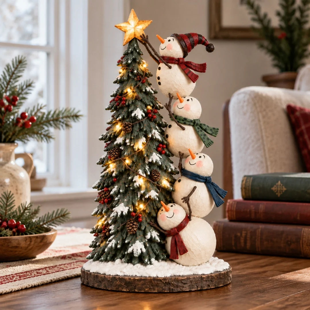 ☃️Snowmen Topping the Christmas Tree – Lighted Christmas Figurine