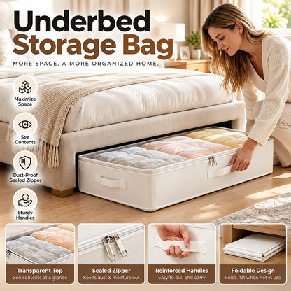 🧺 Foldable Underbed Storage Bag with Zipper Lid, Dustproof Under Bed Storage Container, Sturdy Handle for Clothes, Blankets, Bedding & Seasonal Items
