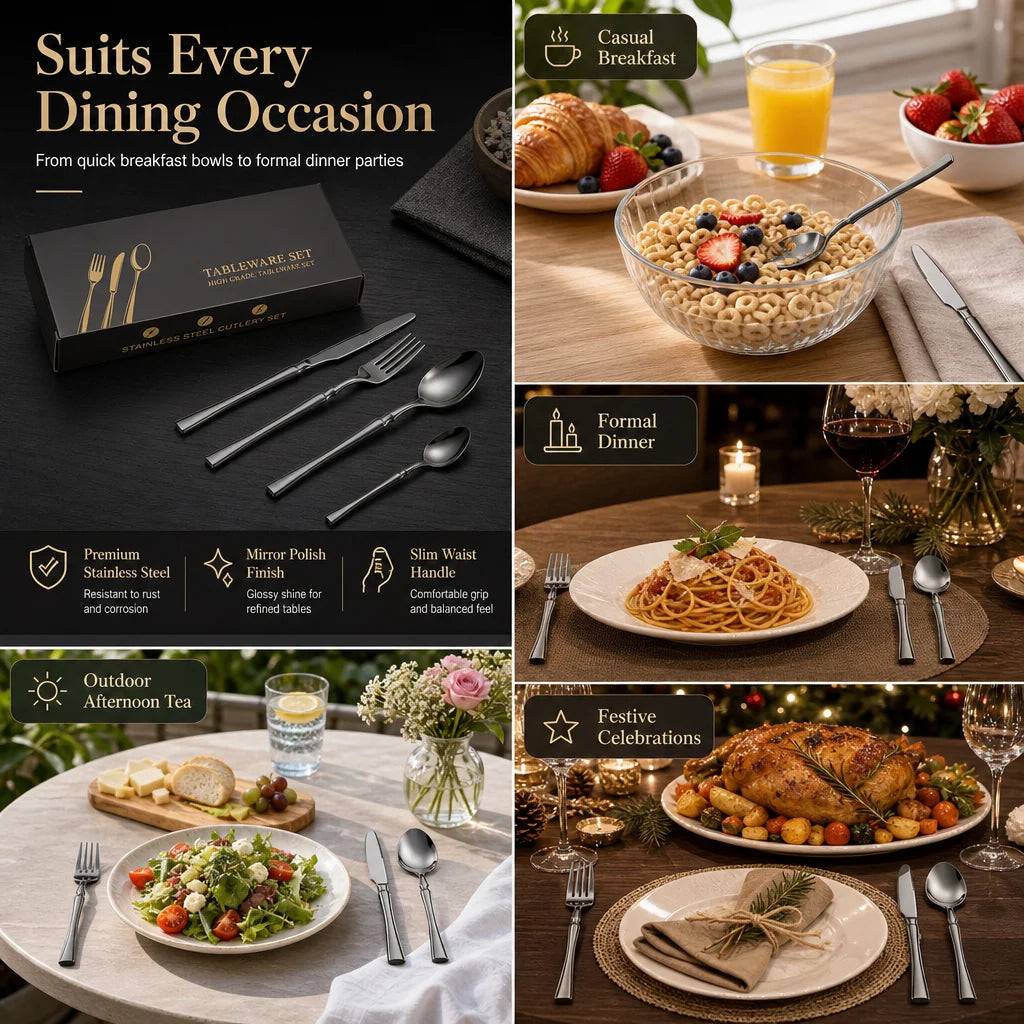 🍴 Stainless Steel Flatware Set: 304 Steel, 5 Finishes, 4/24 Pieces, Slim Profile