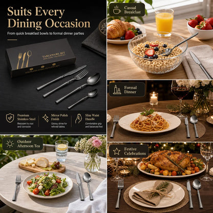 🍴 Stainless Steel Flatware Set: 304 Steel, 5 Finishes, 4/24 Pieces, Slim Profile