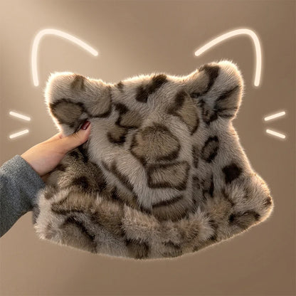 Leopard Print Plush Cat Ear Hat