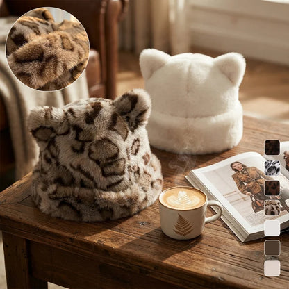 Leopard Print Plush Cat Ear Hat