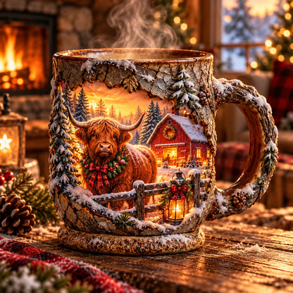 💖🐮✨ Highland Cow Christmas Magic Mug – Heat-Changing Winter Farmhouse Scene ❄️☕