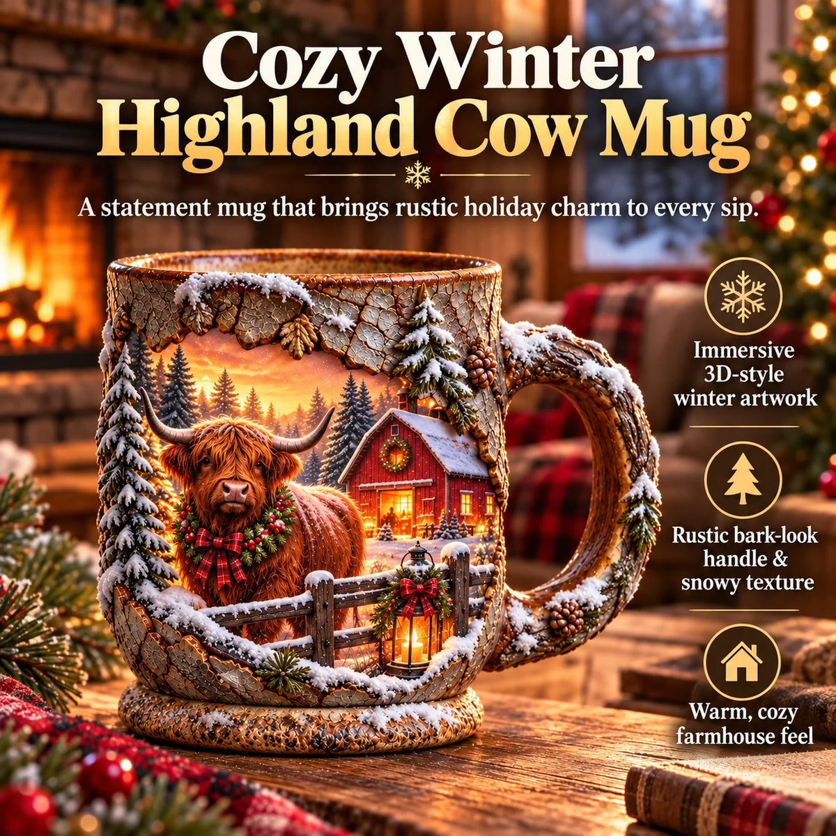 💖🐮✨ Highland Cow Christmas Magic Mug – Heat-Changing Winter Farmhouse Scene ❄️☕