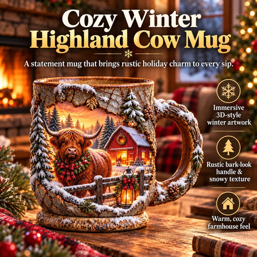 💖🐮✨ Highland Cow Christmas Magic Mug – Heat-Changing Winter Farmhouse Scene ❄️☕