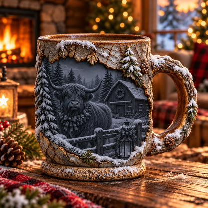 💖🐮✨ Highland Cow Christmas Magic Mug – Heat-Changing Winter Farmhouse Scene ❄️☕