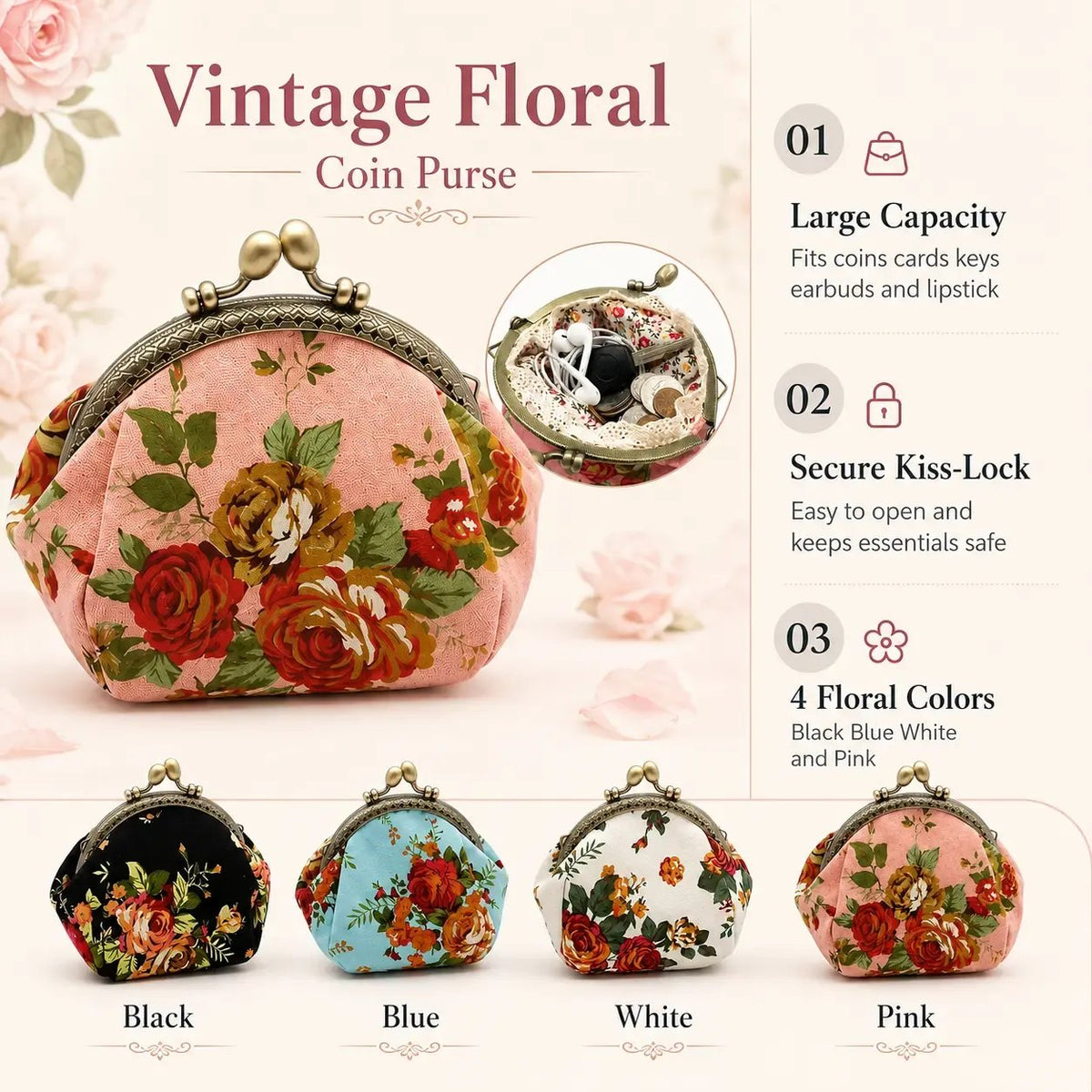 🌸Vintage Floral Kiss Lock Coin Purse, Large Capacity Mini Wallet & Card Holder for Cards