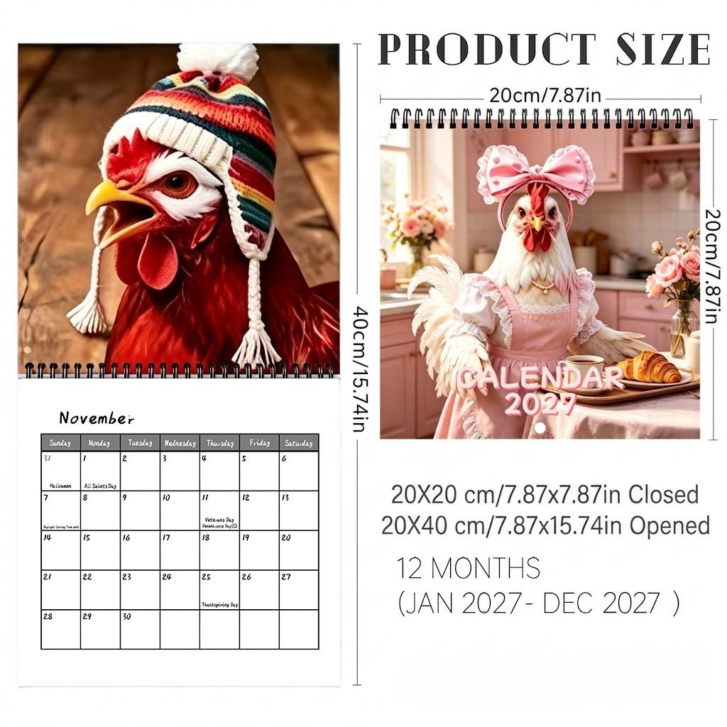 🐔 2027 Chicken Wall Calendar, 12-Month Spiral Planner With Notes