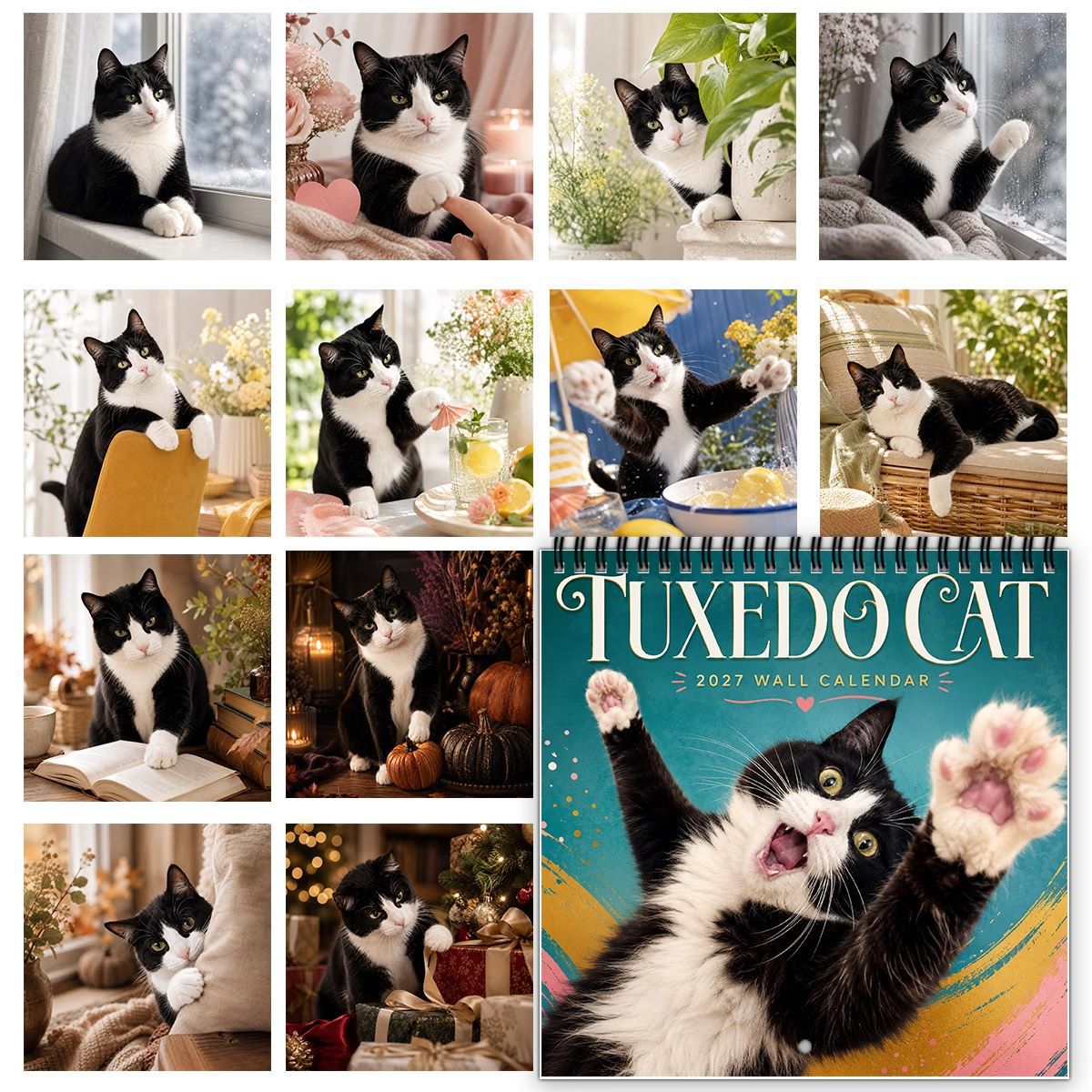 2027 Tuxedo Cat Wall Calendar, Spiral Bound Cute Cat Gift Decor