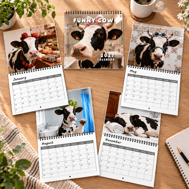 🐄 2027 Funny Cow Wall Calendar, 12-Month Spiral Planner With Notes